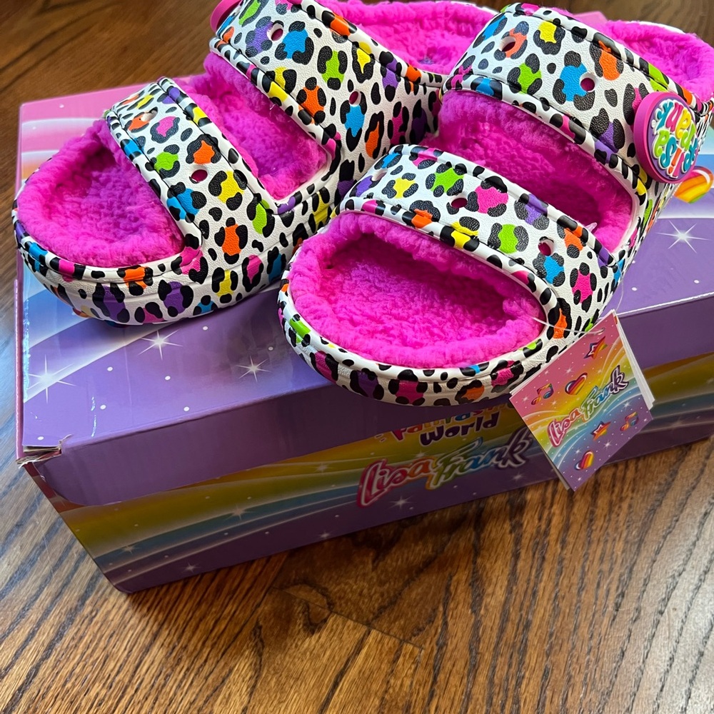 Lisa Frank Cozzzy sandal Size W6 Colorful Leopard Print Sandals with Pink Lining